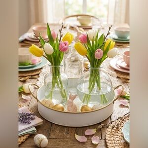 NIB Designer Easter Centerpiece – Gold Rimmed Tray & Lily Trio 10”